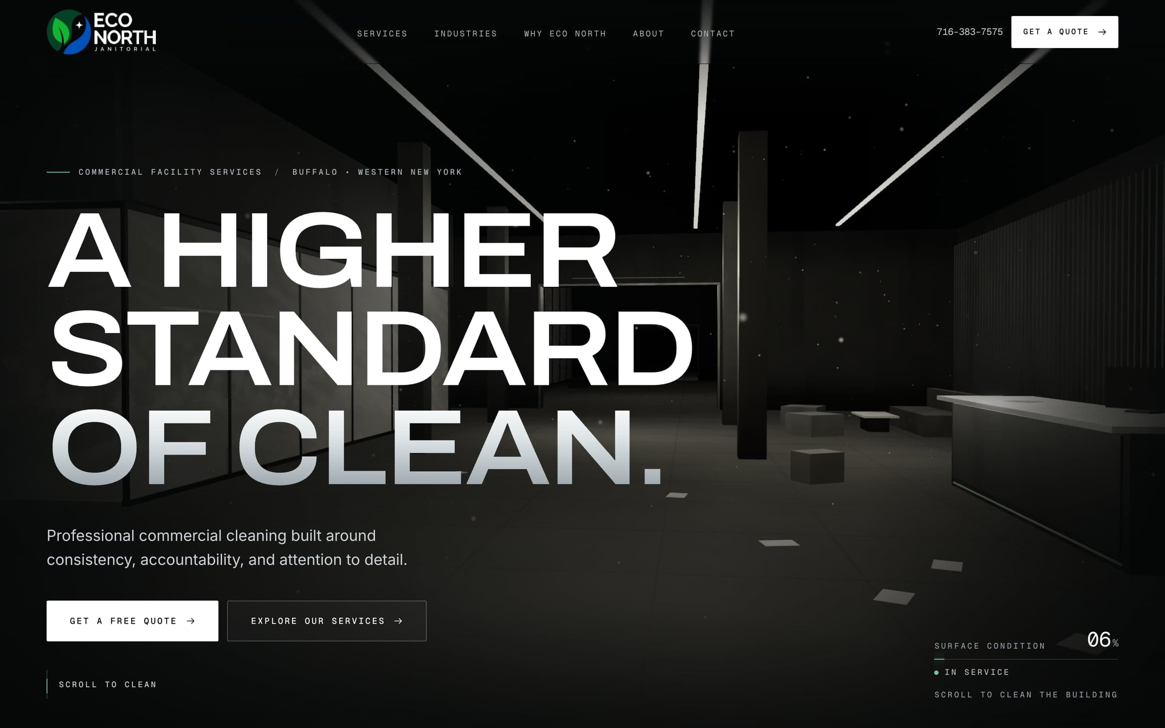 Eco North Janitorial homepage: the headline A Higher Standard of Clean over a dark facility interior