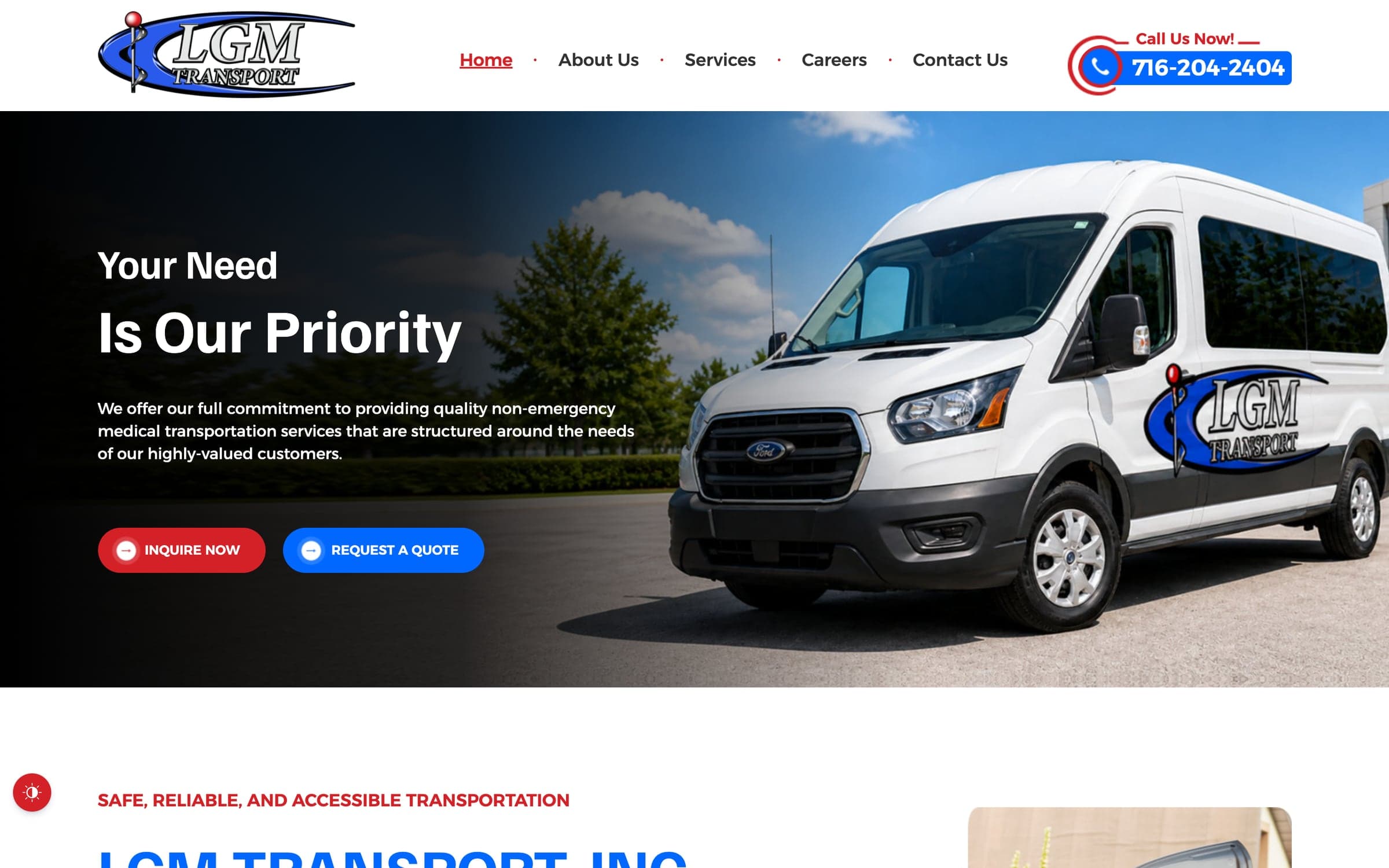 The previous LGM Transport website: a stock template with a photo banner and two pill buttons