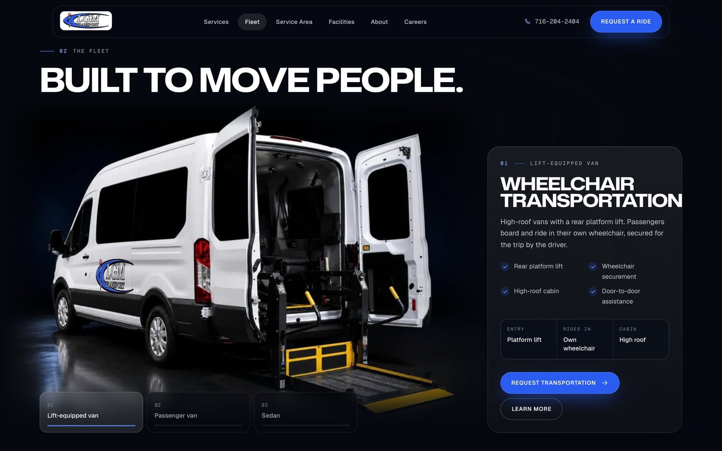 LGM Transport fleet section showing a wheelchair van with its rear lift