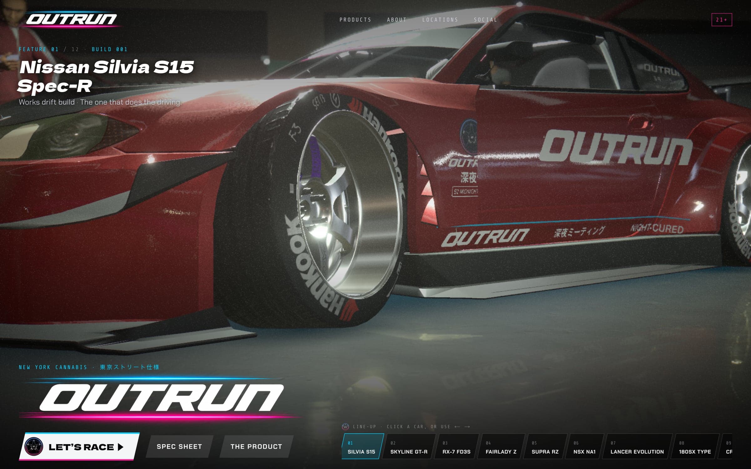 OUTRUN NY homepage: a red Nissan Silvia at an underground car meet