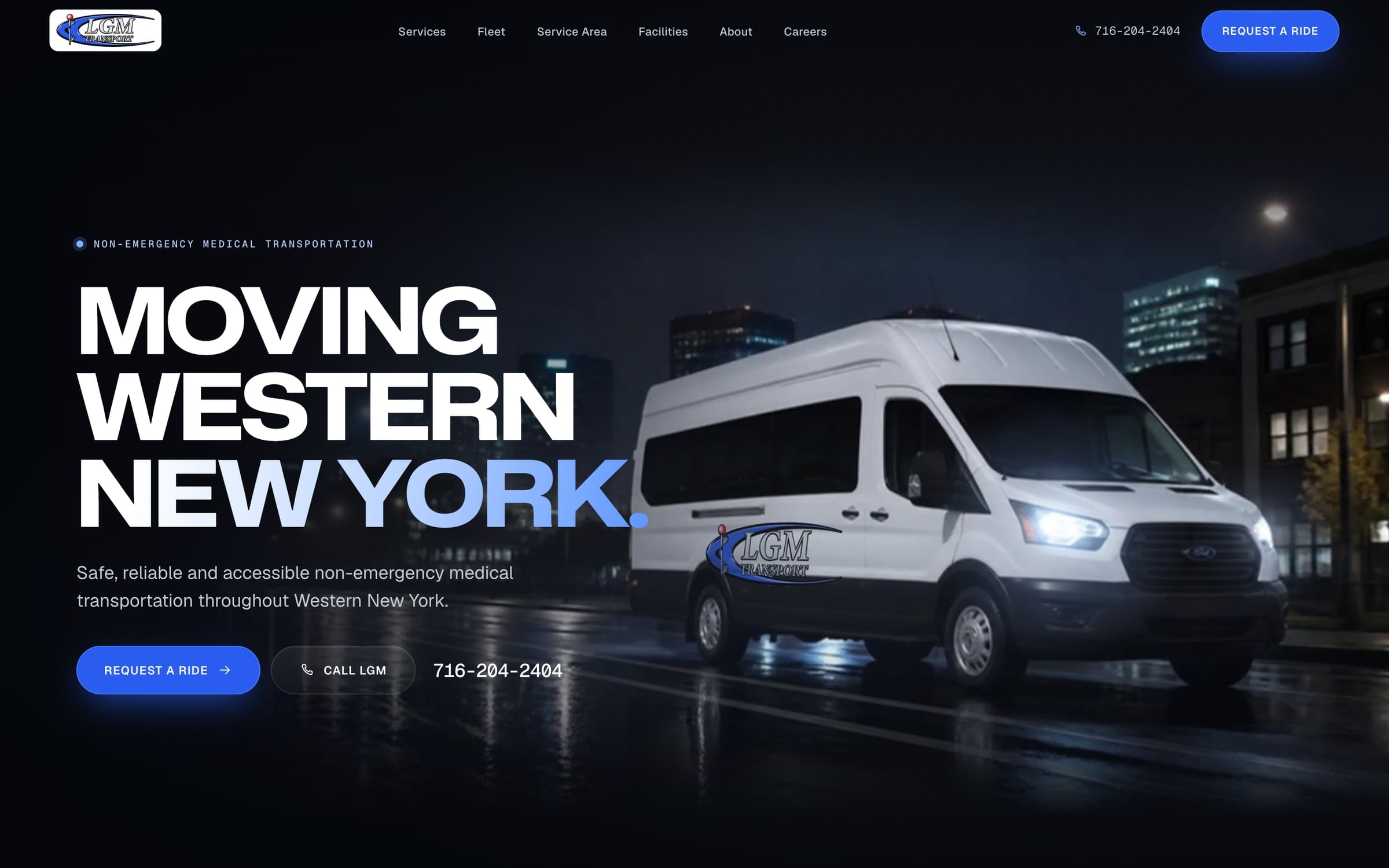 LGM Transport homepage: the headline Moving Western New York beside a white passenger van at night